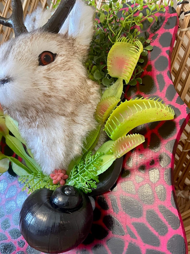 May include: A decorative wall hanging featuring a faux taxidermy deer head with antlers, surrounded by artificial greenery and Venus flytraps. The mounting board has a pink and black spotted pattern, and a black snail shell is attached.