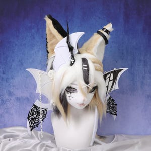 Gothic Bat Wing Cat Fursuit Head Handmade Halloween Cosplay Heterochromia Skull Clips Vampire Style Spooky Costume Mask Creepy Cute Furry