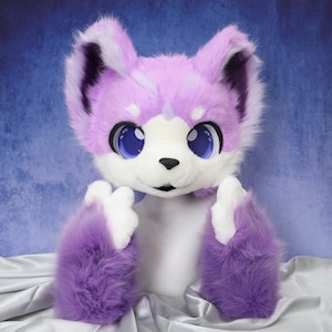Pastel Violet Furry Fox Head Handmade Japanese Style Fursuit Mask Blue Eyes Adjustable Fit Kawaii Cosplay Animal Costume Cute Plush Helmet
