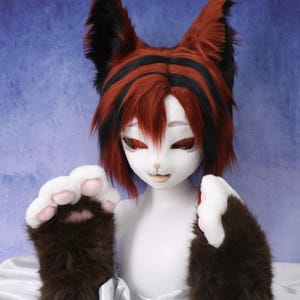 Handmade Fox Fursuit Head Red Black Hair Gold Follow Me Eyes One of a Kind Cosplay Mask Matching Paws Custom Kawaii Animal Costume Suit