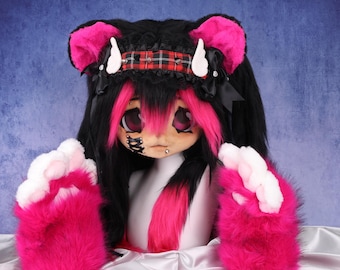 Gothic Y2K Furry Bear Head with Pink Black Twin Tails Spiked Headband Pink Paw Gloves Handmade Alt Kawaii Cosplay Mask Dark Aesthetic Fans