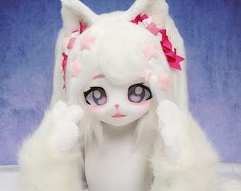 White Furry KIG Cosplay Head with Twin Tails Fursuit Mask Matching Paws Cute Pink Lolita Style Anime Eyes Cosplay Helmet for Conventions