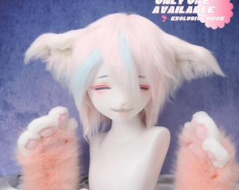 Pastel Fox Fursuit Head Pink Paw Gloves Handmade One of a Kind Kigurumi Furry Mask Cosplay Lolita Cute Themed Events Unique Costume Fursona