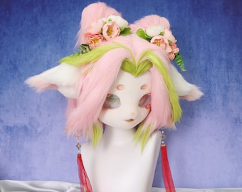 Zoete Chinese Vos Fursuit Hoofd Bloemen Knots Heterochromatische Ogen Pastel Roze Groene Poten Handgemaakte Cosplay Kostuum Masker Kigurumi-stijl