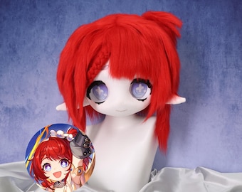 Tixie geïnspireerde rode pruik kigurumi fursuit hoofd handgemaakte harige cosplay masker elfenoren cartoon ogen Honkai ster rail kostuum set rode poothandschoenen