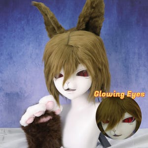 Kigurumi Fox Fursuit Head Handmade Glowing Red LED Eyes Brown Green Hair Long Ears Claw Paws Cosplay Mask Costume Suit Furry Helmet Men