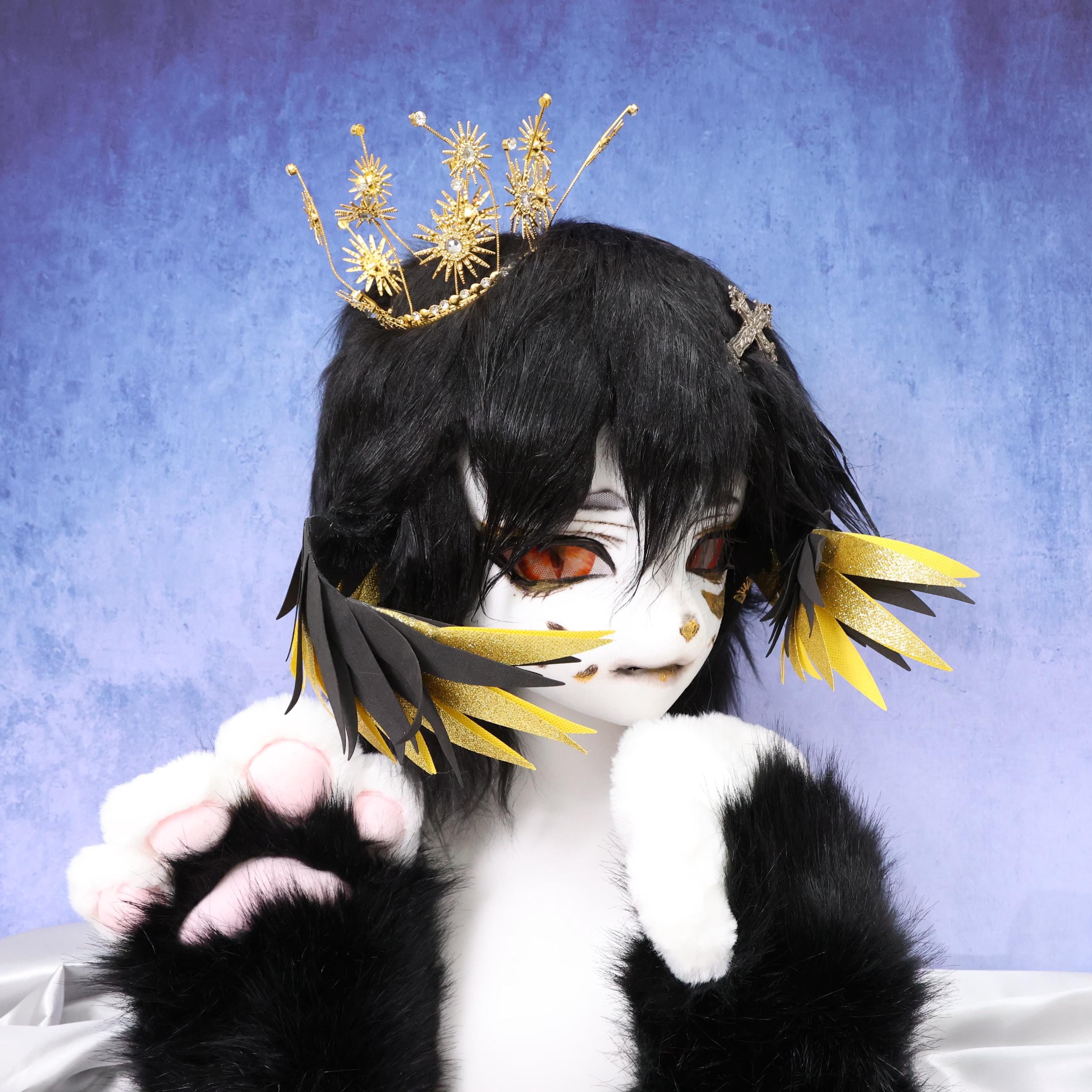 Crowned Golden Demon Beast Fursuit Head Handmade Cos Mask Horns