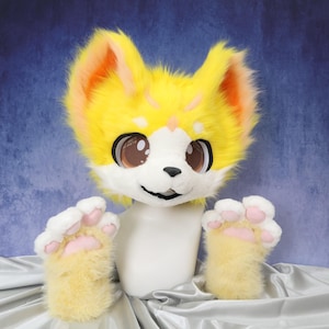 Sunny Fox Furry Head Paws Set Handmade Yellow Kemono Style Fursuit Brown Eyes Soft Plush Paw Gloves Cosplay Costume Kawaii Animal Outfit