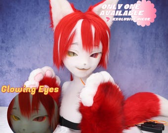 Red Fox KIG stijl fursuit hoofd gloeiende heterochromatische ogen handgemaakte cosplay masker bijpassende poten staart hoogtepunten gevlochten terug haar realistisch