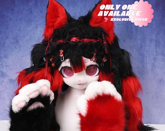 Rood zwart gotische kat harige hoofd poseable haar bijpassende poten handgemaakte lolita kawaii cosplay masker kant strikken cartoon ogen OOAK fursuit kostuum