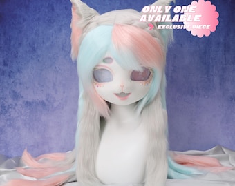 Candy Dream harige kattenkop unieke handgemaakte fursuit tweekleurige ogen vlecht pruik pastel handschoenen cosplay lolita kawaii kostuum unieke Fursona