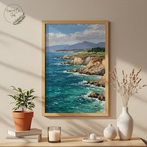 Coastal Painting, Ocean Cliff Art, Seaside Wall Decor, Beach Digital Download, Sea Shore Artwork, Coastal Landscape Print, Nautical Home Art