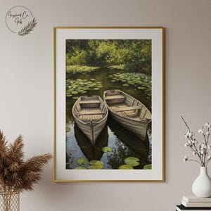 Rustikales Ruderboot Poster, Seerosenblatt Gemälde, Seerosenblatt Poster, Seerosenblatt Bild, Holzboot Wandbild, digitaler Download