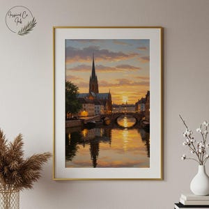 Sunset City Painting, Cathedral Digital Download Print, European Cityscape Art, Vintage Oil Print, Rustic Wall Decor, Sunset Scene Print