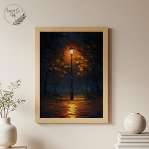 Lamp Post Painting, Night Street Art, Park Light Scene, Autumn Evening Print, Dark Path Decor, Moody Landscape Artwork, Digital Oil Download