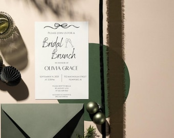 Invitation brunch nuptiale minimaliste avec noeud | Invitation de douche nuptiale modifiable | Modèle de toile | Téléchargement numérique | Douche nuptiale moderne