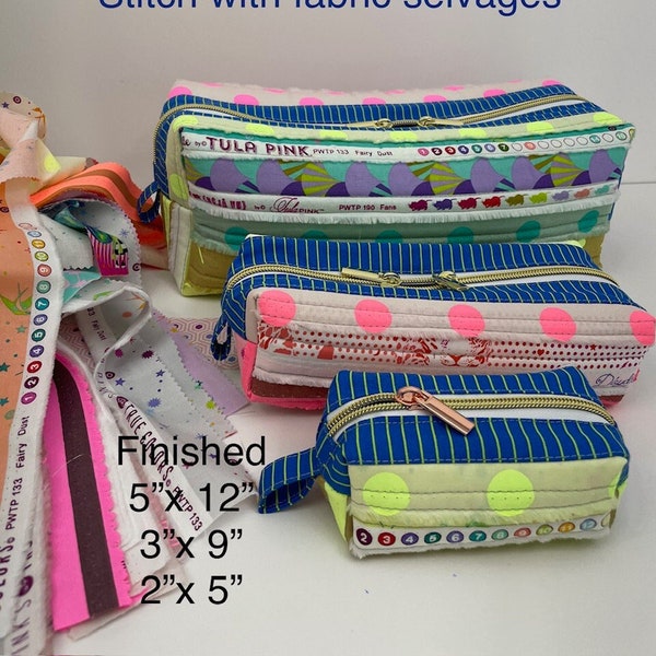 Boxed Zipper Bag Sewing Pattern - Stitch with Fabric Selvages (3 sizes) by Jackie Clark