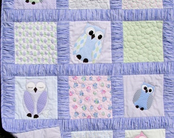 Baby Quilt Sewing Pattern features Gathered Borders and Owl Appliques by Jackie Clark