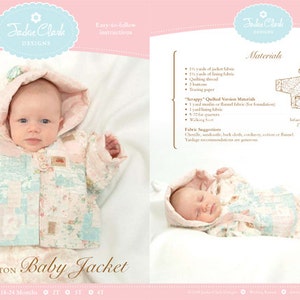 May include: A baby wearing a patchwork jacket and matching pants. The jacket has a hood and button closures. The text "CUTE AS A BUTTON Baby Jacket" is displayed. The pattern includes sizes for infants and toddlers.