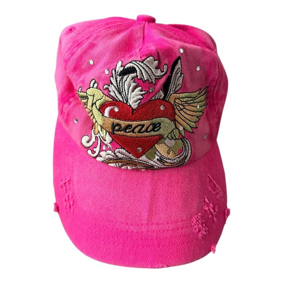 Y2K Cheveux Pink Rhinestone Peace Heart Embroidered Dad Hat Ed Hardy Style Cap View 2