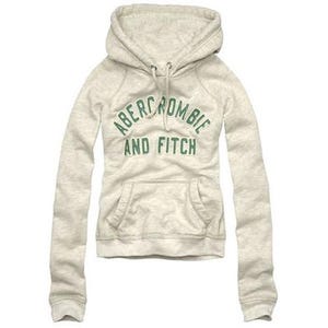 May include: A pale grey hoodie with a drawstring hood and a kangaroo pocket. The text "Abercrombie and Fitch" is printed across the chest in green. The long sleeves have ribbed cuffs.