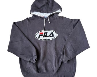 Vintage FILA Logo Hoodie Mens Large Black Y2K Streetwear Spellout Pullover