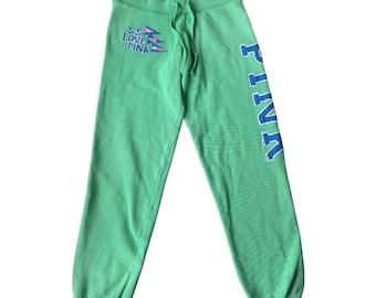 Y2K Victoria's Secret PINK Low Rise Joggers XS Green S.S. Love Pink 86 Logo Vtg
