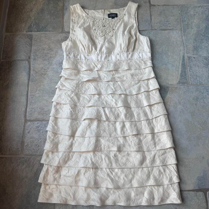 Adrianna Papell Ivory Tiered Pearl Beaded Dress Sz 14 Romantic Formal Sleeveless image 2
