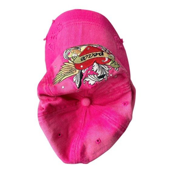 Y2K Cheveux Pink Rhinestone Peace Heart Embroidered Dad Hat Ed Hardy Style Cap View 3