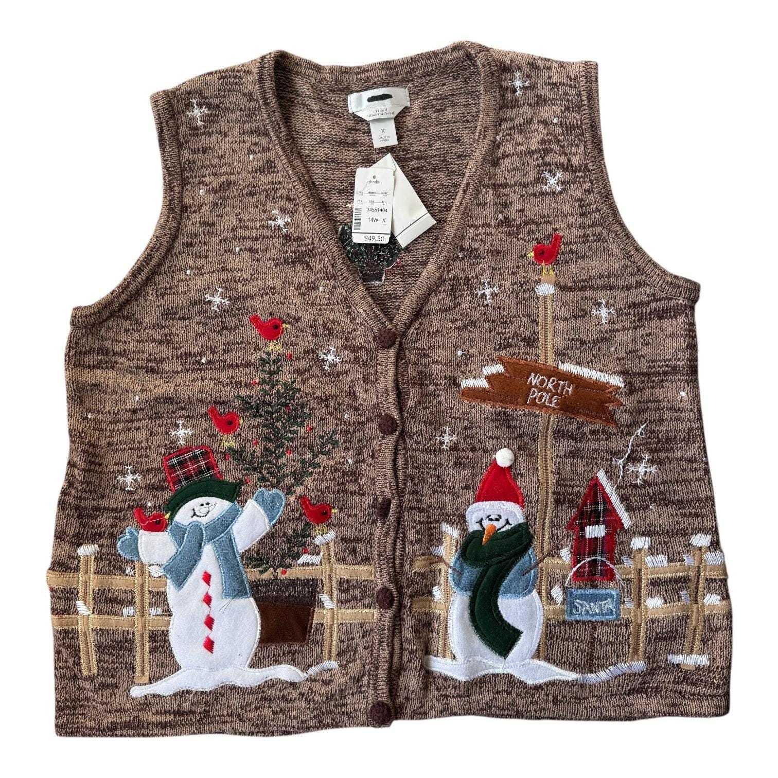 Vintage CJ Banks NWT Brown Christmas Sweater Vest Snowman Cottage