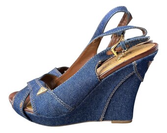 Guess Denim Tuscan Mom Wedge Sandals Womens 8 Y2K Platform Slingback