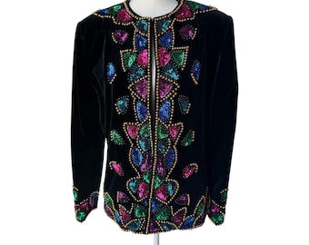 Chaqueta vintage Carlisle de terciopelo con cuentas y lentejuelas de los años 90, blazer negro en tono joya, talla 12