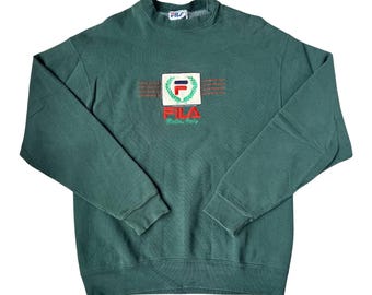 Vintage 90s FILA Biella Italy Crewneck Sweatshirt Mens XL Green Spellout Logo