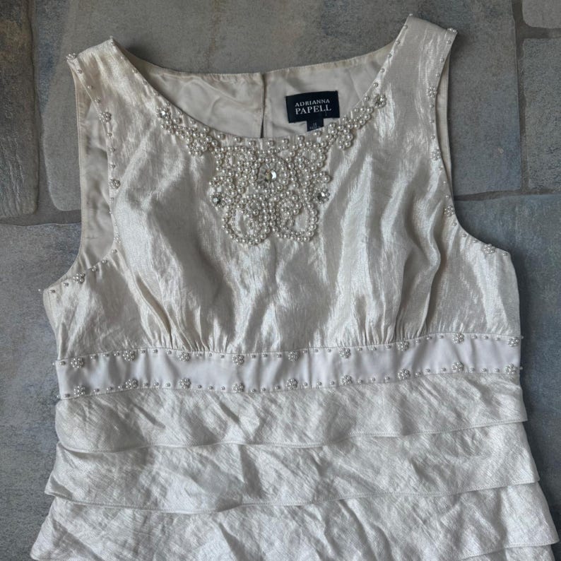 Adrianna Papell Ivory Tiered Pearl Beaded Dress Sz 14 Romantic Formal Sleeveless image 3