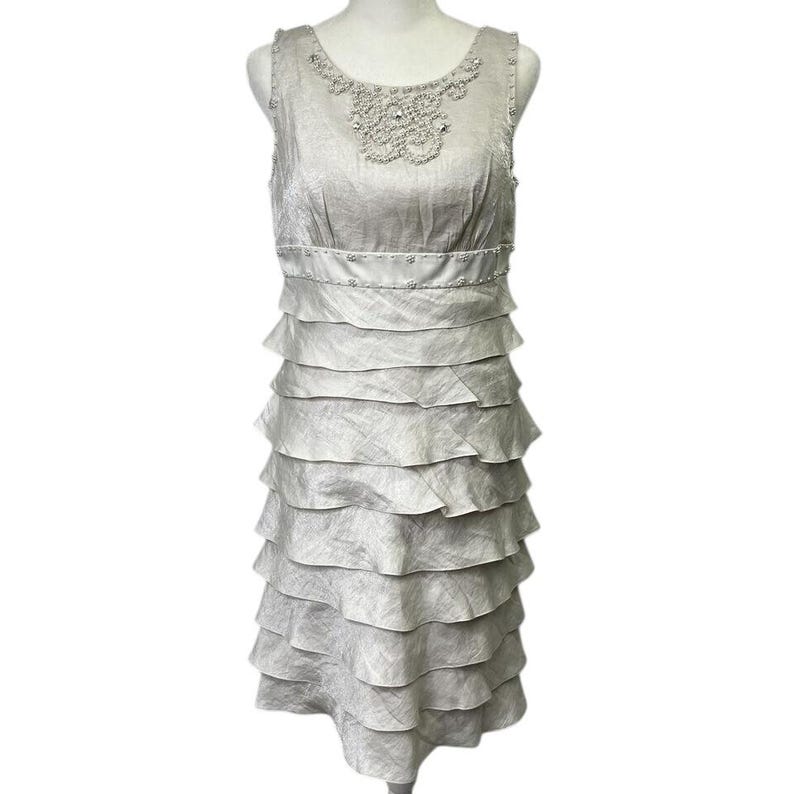 Adrianna Papell Ivory Tiered Pearl Beaded Dress Sz 14 Romantic Formal Sleeveless image 1