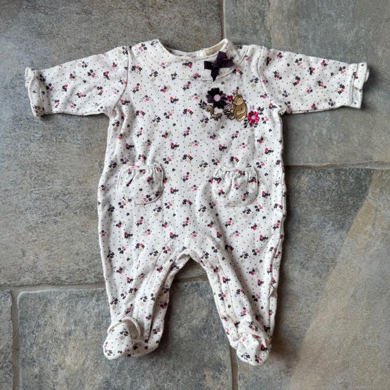 RARE Classic Pooh Disney Baby Girl Onesie NB Storybook Floral Vintage Cottage