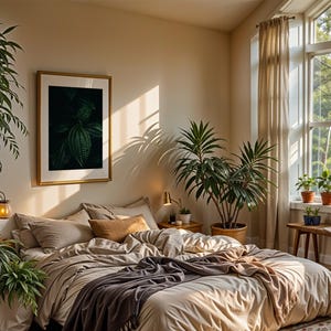 May include: A bedroom scene with a large bed covered in neutral-toned bedding and a dark gray throw blanket. A framed botanical print hangs above the bed. Potted plants and a window with natural light complete the cozy, inviting space.