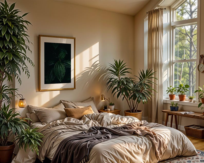 May include: A bedroom scene with a large bed covered in neutral-toned bedding and a dark gray throw blanket. A framed botanical print hangs above the bed. Potted plants and a window with natural light complete the cozy, inviting space.