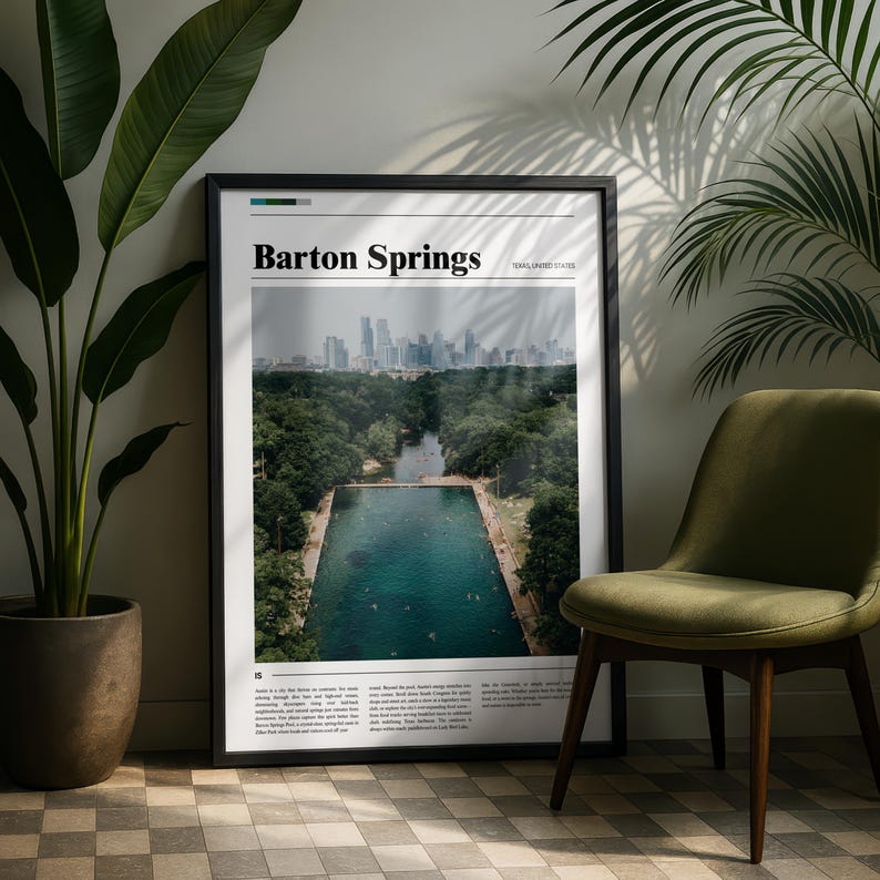 May include: A framed print featuring the words "Barton Springs" above an aerial view of a swimming pool and surrounding trees. The print is in a black frame and is displayed next to a green chair and a potted plant.