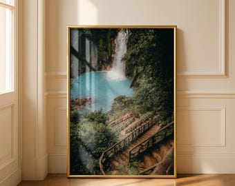 Nature photography waterfall with turquoise pool and stairs in the rainforest, Costa Rica, Rio Celeste, wall picture poster, landscape decoration, travel print