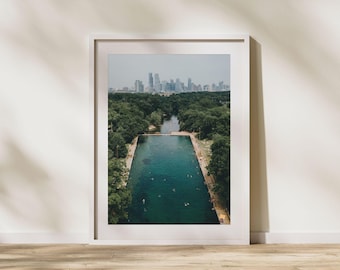 Natural Pool with Skyline Poster, Aerial Photography Poster, Aerial View, Barton Springs, Austin, Texas, City Photography Print, Framed Wall Art