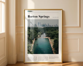 Barton Springs Austin Poster, Magazine-Style Photography with Skyline and Nature, Stylish Wall Art Texas, USA Travel and City Poster, Framed