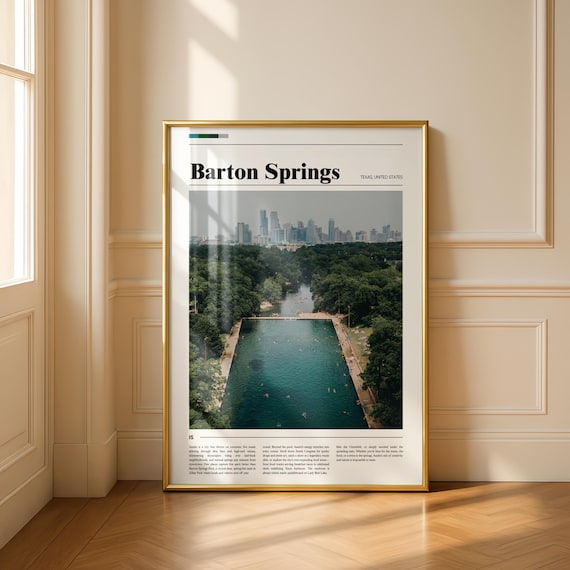Barton Springs Austin Poster, Magazin-Stil Fotografie mit Skyline und Natur, stilvolle Wanddeko Texas, USA Reise- und Stadtposter, Gerahmt