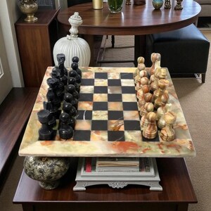 Handmade Chess | Marble Chess Set | Chess Board | Board Game Chess | Christmas Gifts for Him | Onyx & Black Marble Chess Pieces | Home Decor