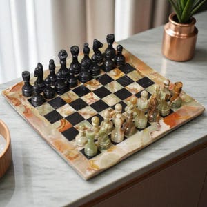 Handmade Chess | Marble Chess Set | Chess Board | Board Game Chess | Christmas Gifts for Him | Onyx & Black Marble Chess Pieces | Home Decor