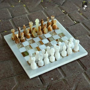Handmade Marble Chess Set Gift for Chess Lovers, Onyx Chess Board with Stone Chess Pieces, White & Onyx Board Game, Perfect Christmas Gift