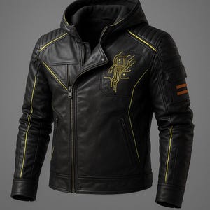 Cyberpunk Brown Leather Jacket for Men | Futuristic Gamer Streetwear | Handmade Biker Coat with Patches | Techwear Gift for Him