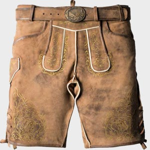 Light Brown Leather Bavarian Lederhosen Shorts for Men | Traditional German Oktoberfest Costume with Embroidery & Belt