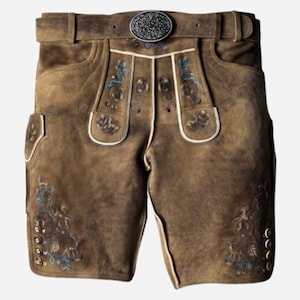 Brown Leather Bavarian Lederhosen Shorts for Men | Traditional Oktoberfest Costume with Embroidery | German Trachten Outfit