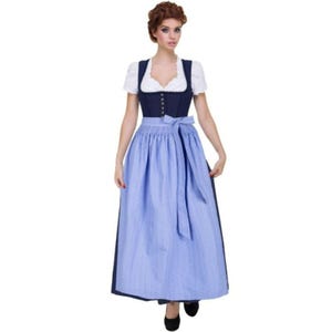 Long Dark Blue Dirndl Dress with Light Blue Apron – Traditional Bavarian Oktoberfest Costume – Handmade German Trachten for Women